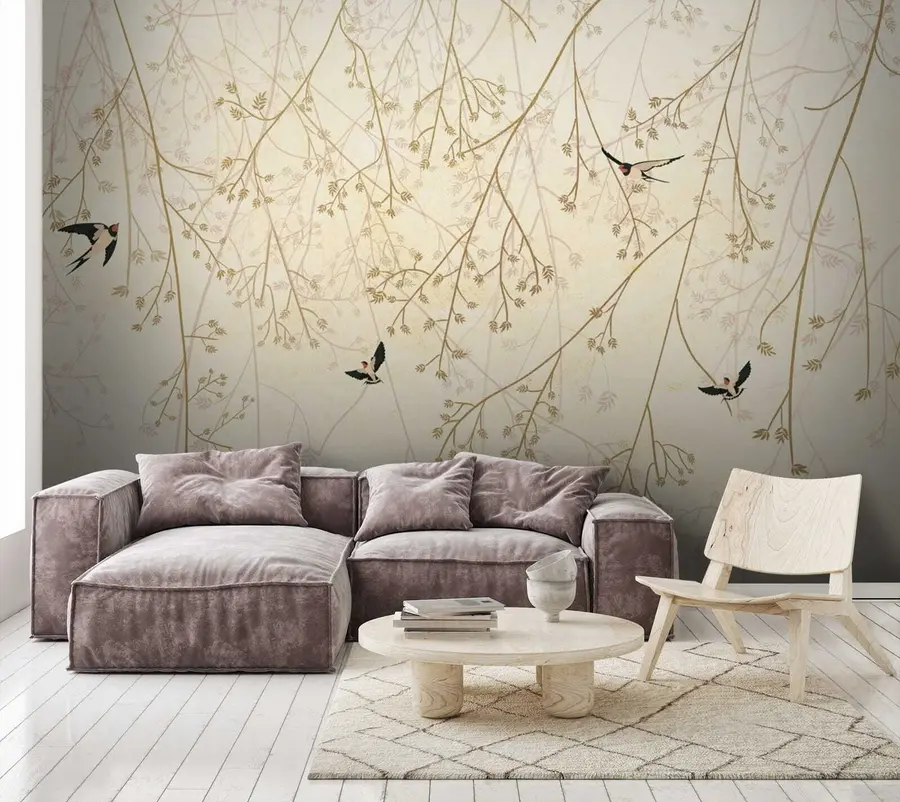 Fototapet Svalor bland grenarna i delikata nyanser i orientalisk stil u79623