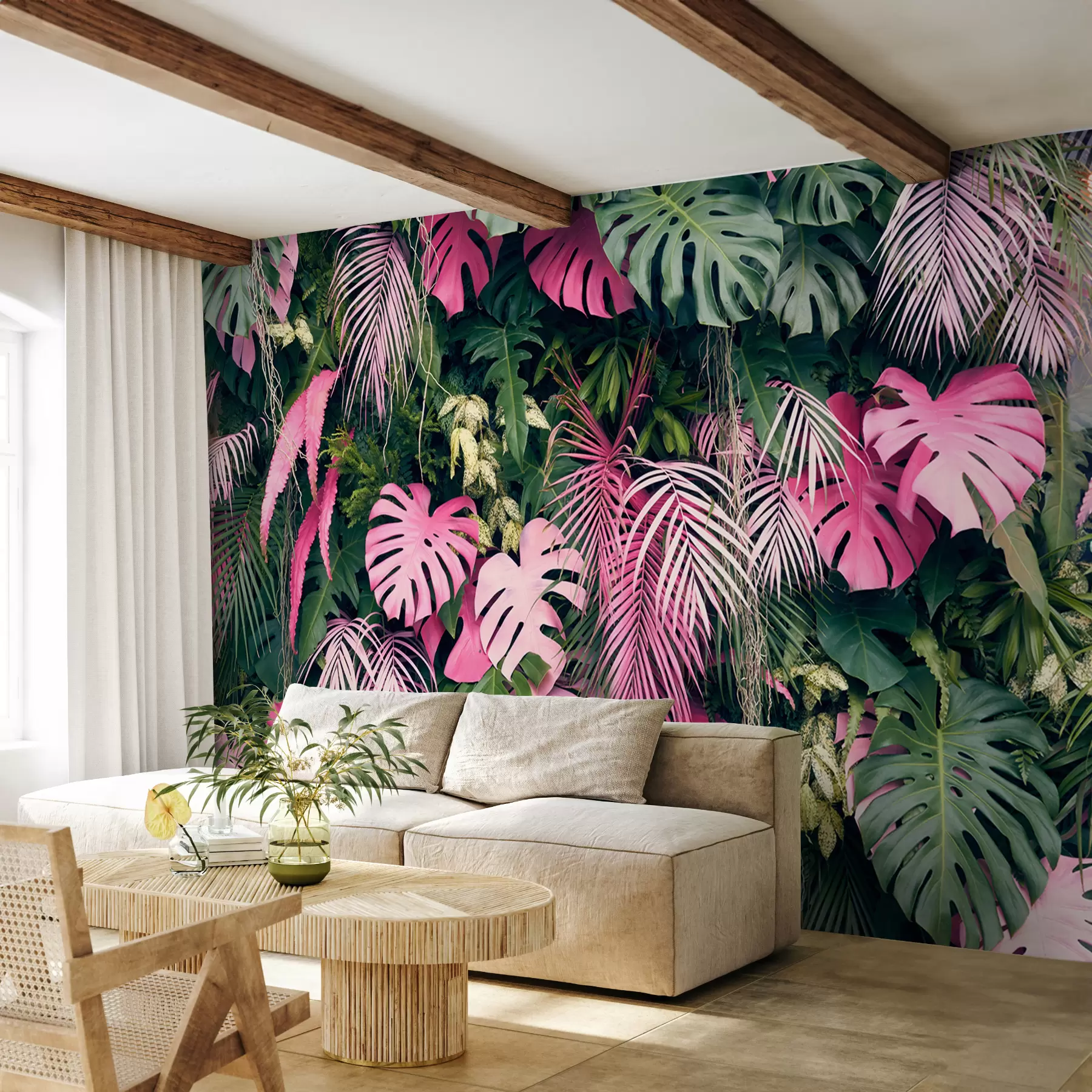 Fototapet Grönt och rosa lövverk u79682
