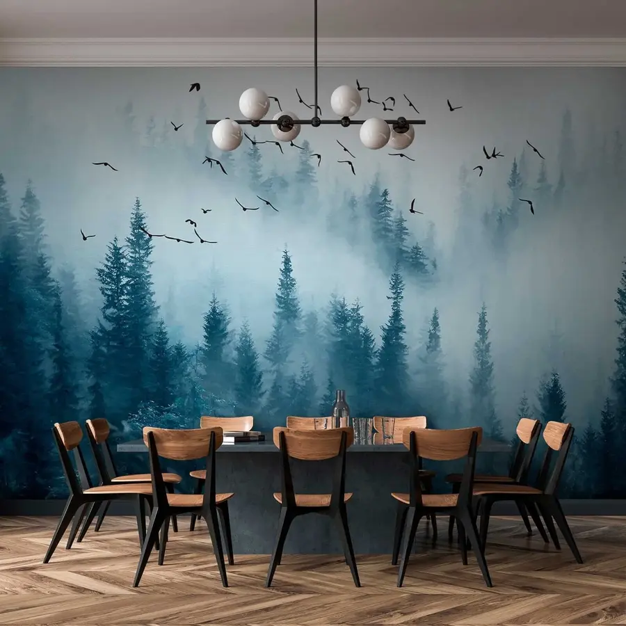 Fototapet Skog i dimma och fåglar u22288