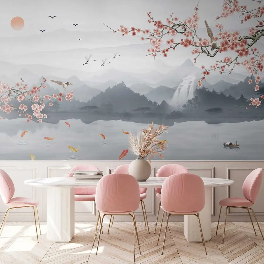 Fototapet Sakura på bakgrunden av sjön och bergen u28840