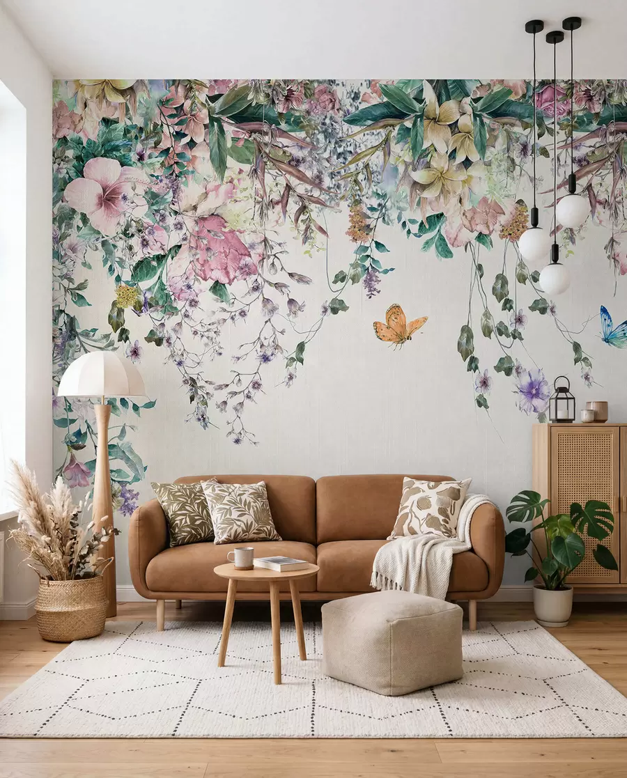 Fototapet Exotiska blommor och fjärilar u30601