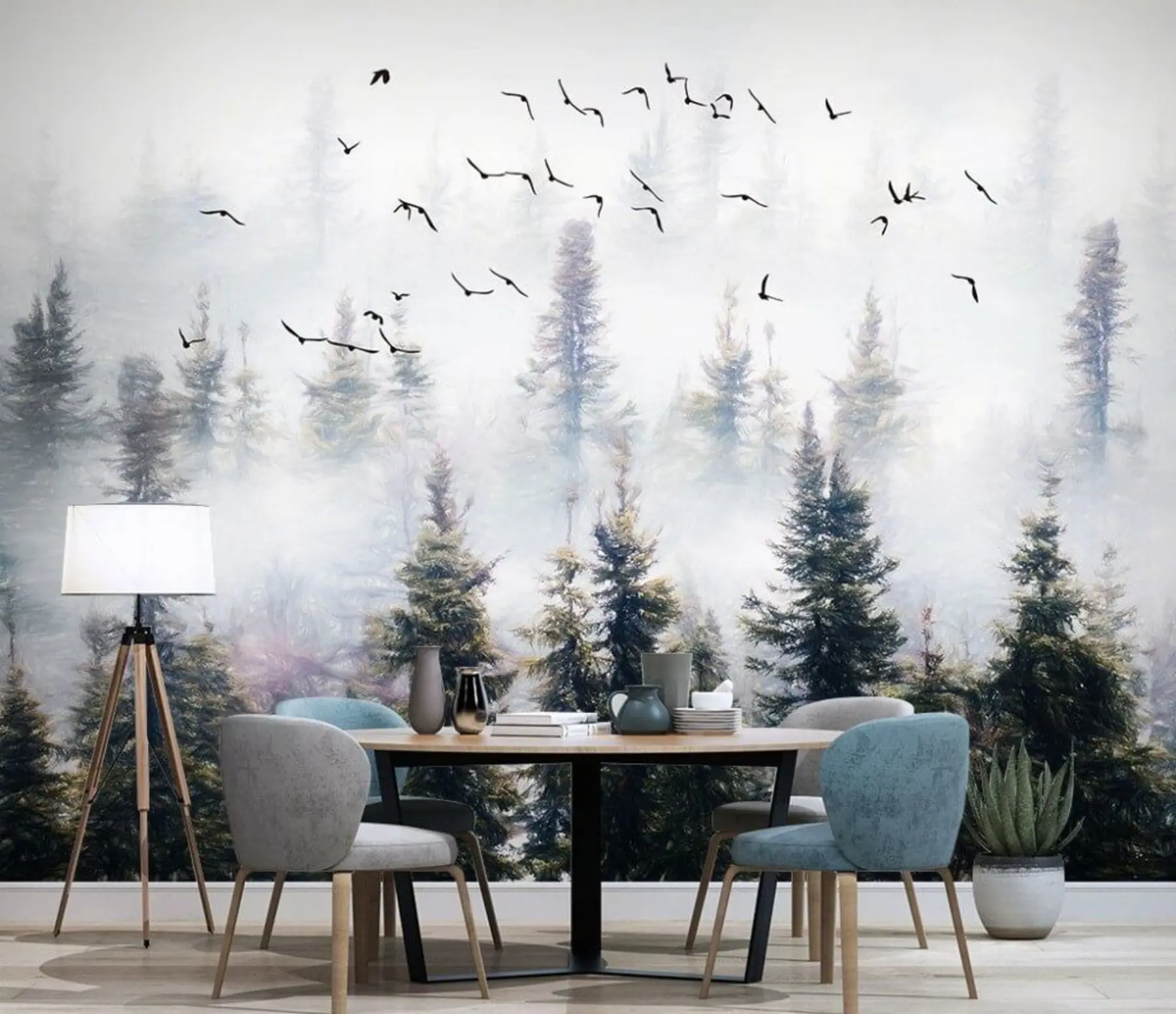Fototapet Dimskog och fåglar u32237