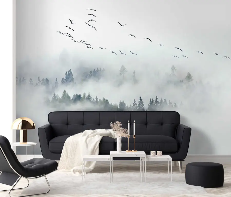 Fototapet Dimskog och fåglar u32480