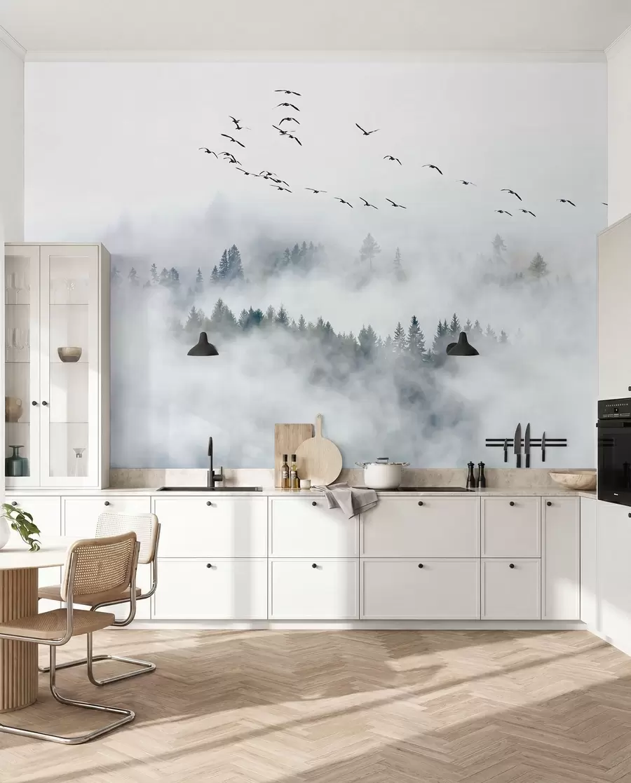 Fototapet Dimskog och fåglar u32480