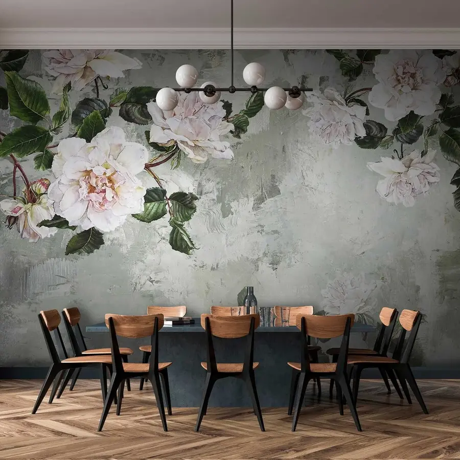 Fototapet Blommande grenar på bakgrunden av en sjaskig vägg u37301