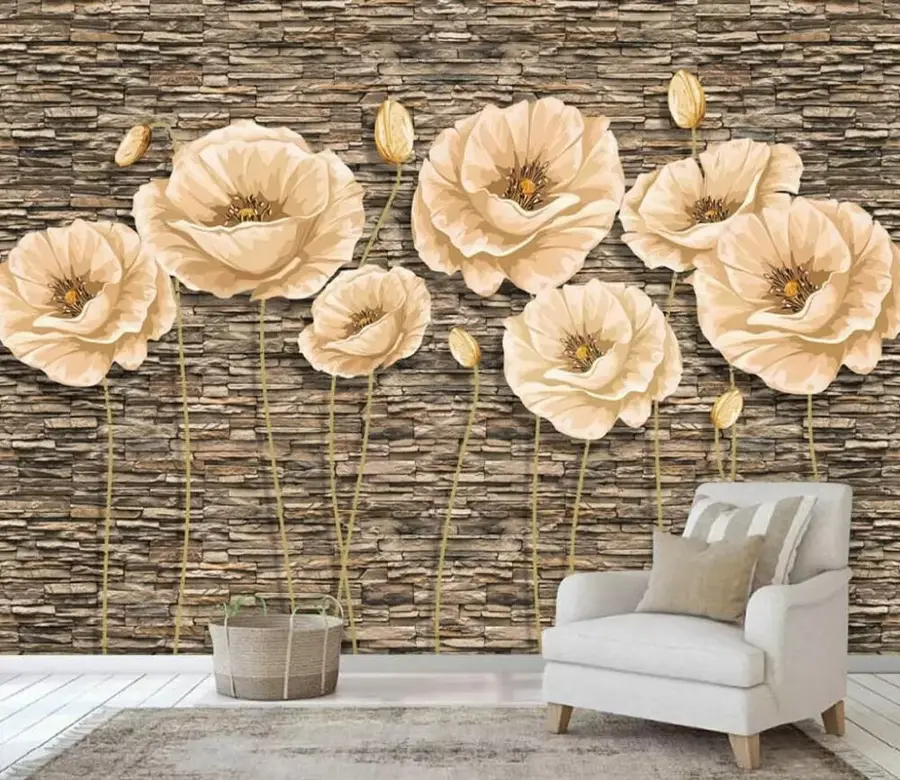 Fototapet Blommor på bakgrunden av en stenmur u41855