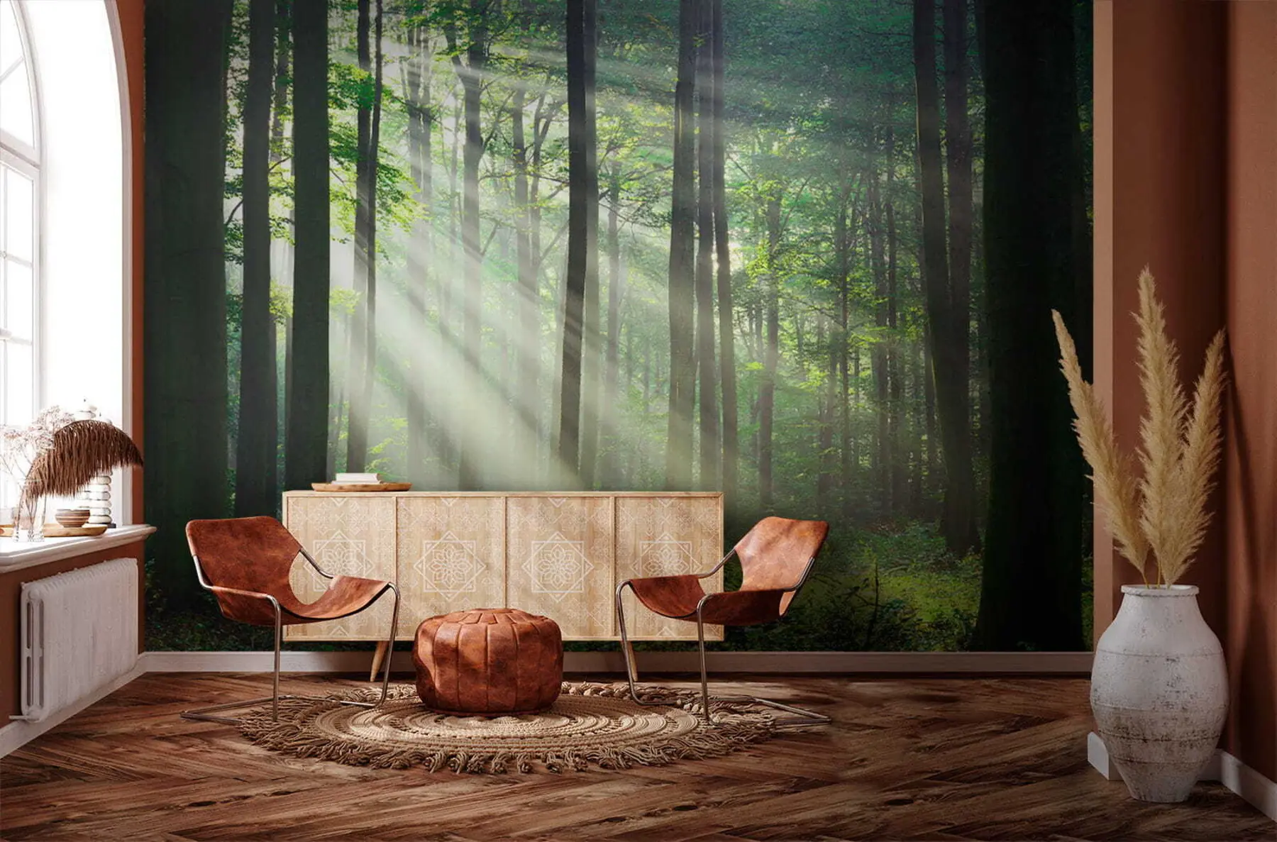 Fototapet Soliga strålar i skogen u56787