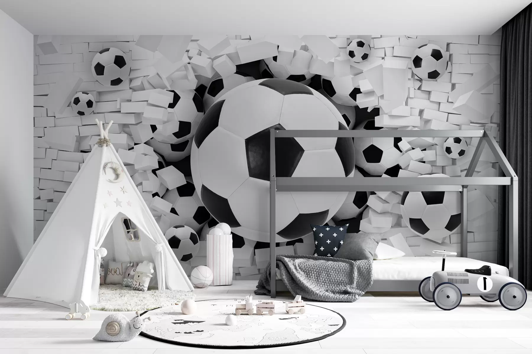 Fototapet Fotboll bryter igenom väggen u70633