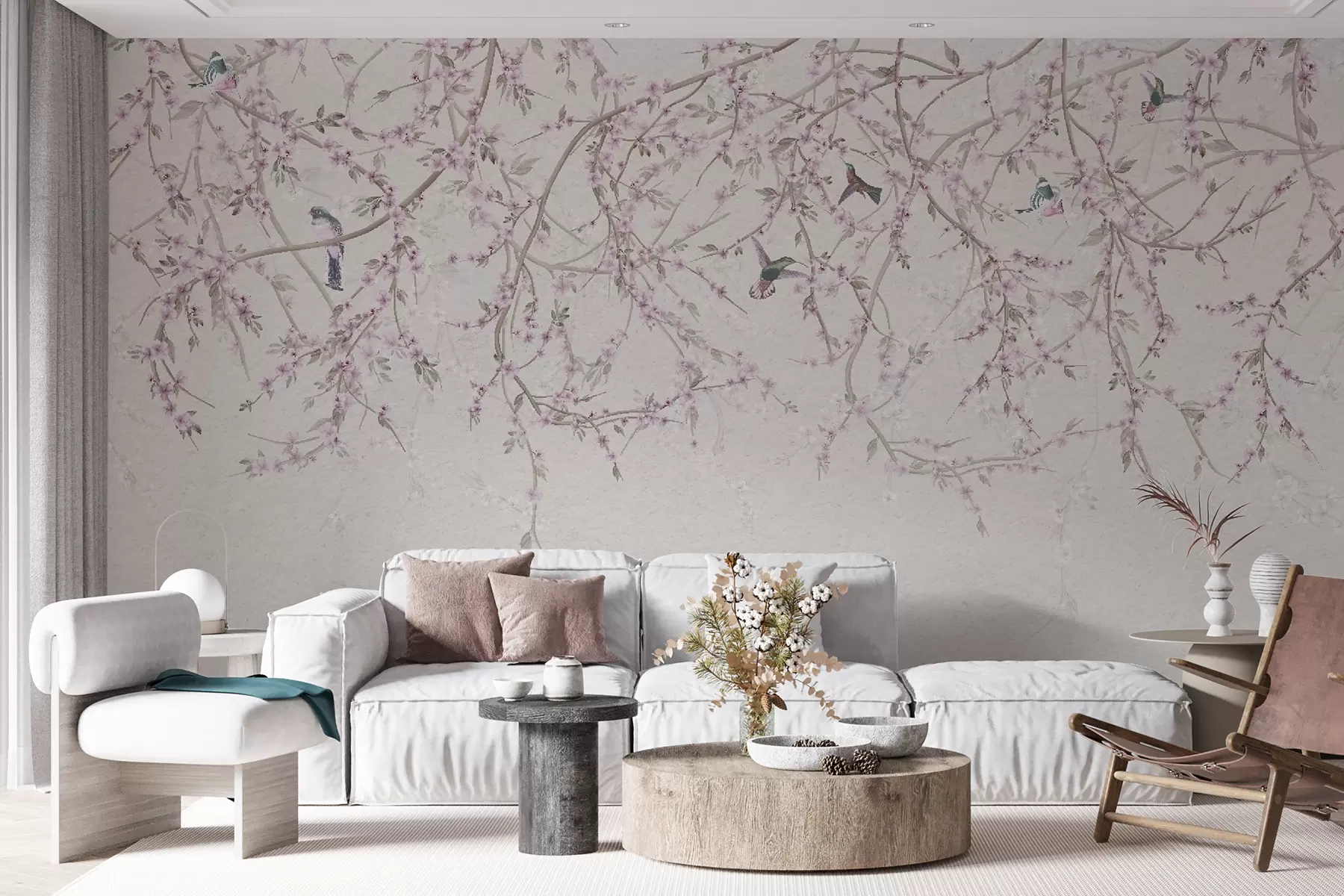 Fototapet Blommiga grenar och fåglar i mjölkiga färger u58941v2