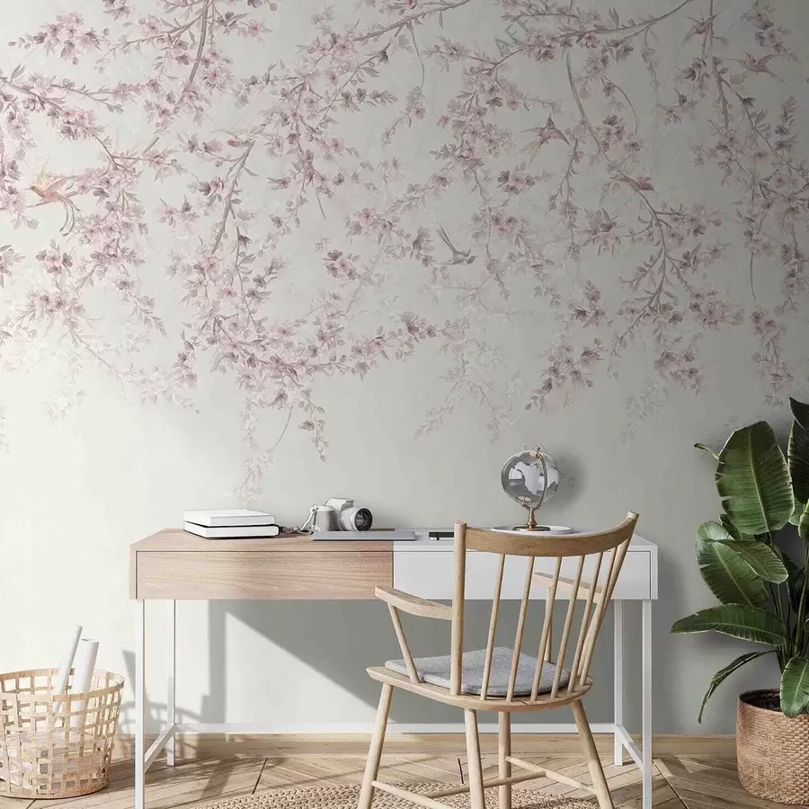 Fototapet Blommiga grenar och fåglar i mjölkiga färger u58941v2