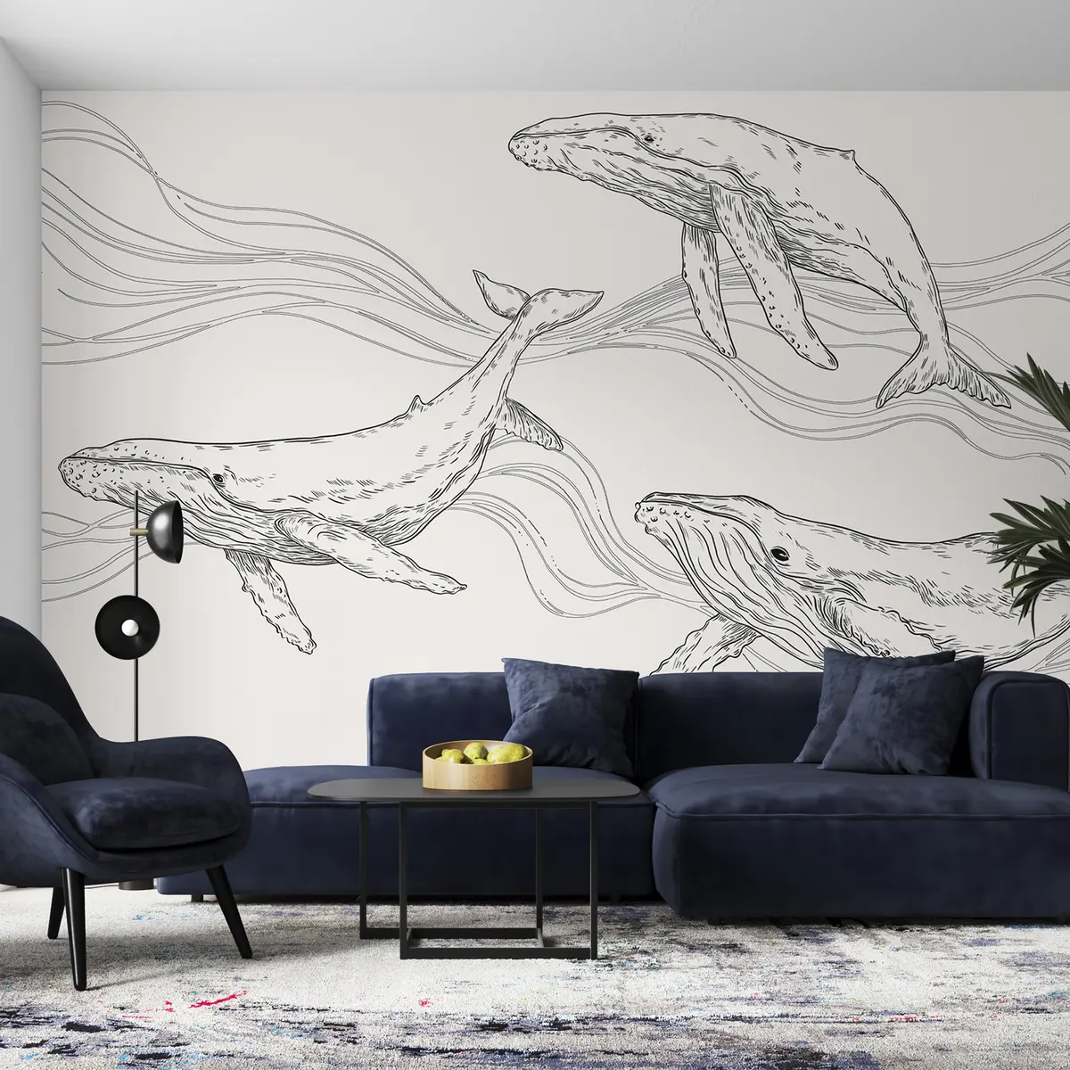 Fototapet Valar i havet, havsdjur, linjekonst, minimalism, svartvita färger u99733v4