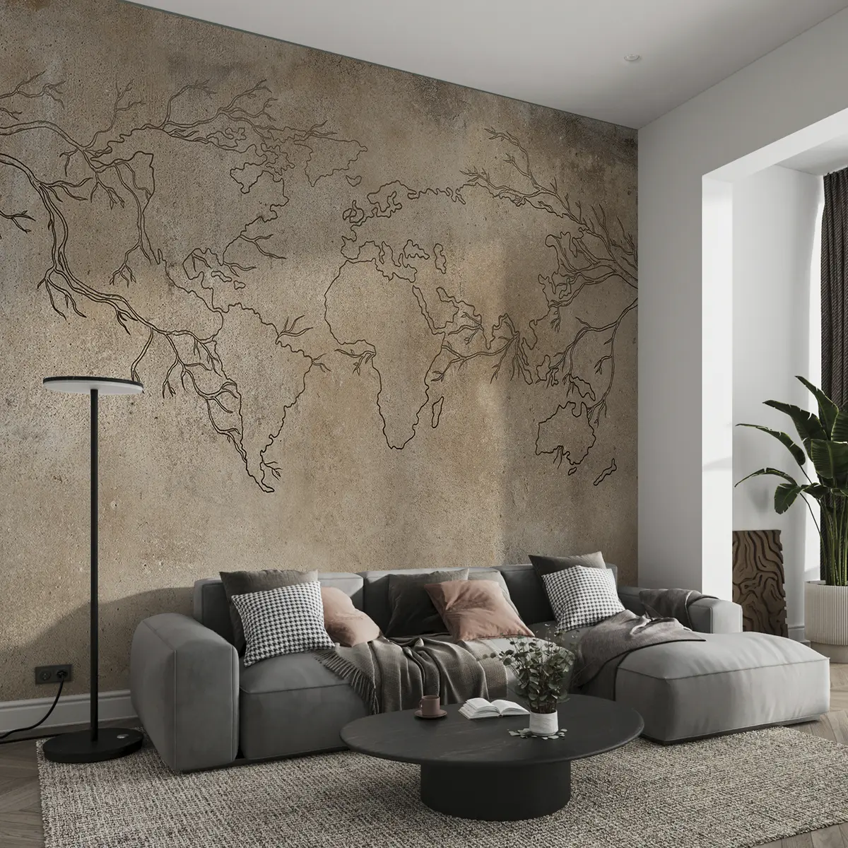 Fototapet Världskarta, trädgrenar, linjeteckning, minimalism, naturbakgrund, beige u99736