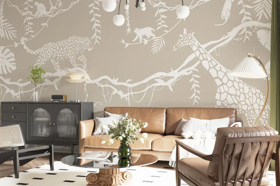 Fototapet Abstrakt djungelkonst, lianer, leopard, giraff, apor, palmer, monstera, beige och vitt w00087