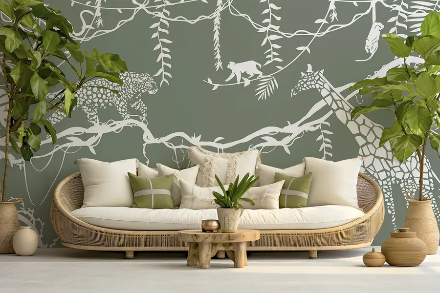 Fototapet Abstrakt djungelkonst, lianer, leopard, giraff, apor, palmer, monstera, grönt och vitt w00087v1