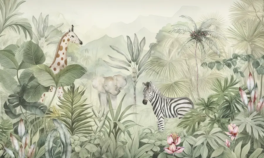 Fototapet Djungelskog, palmer, giraff, elefant, zebra, akvarell, grönska, bananträd, blommor w00089