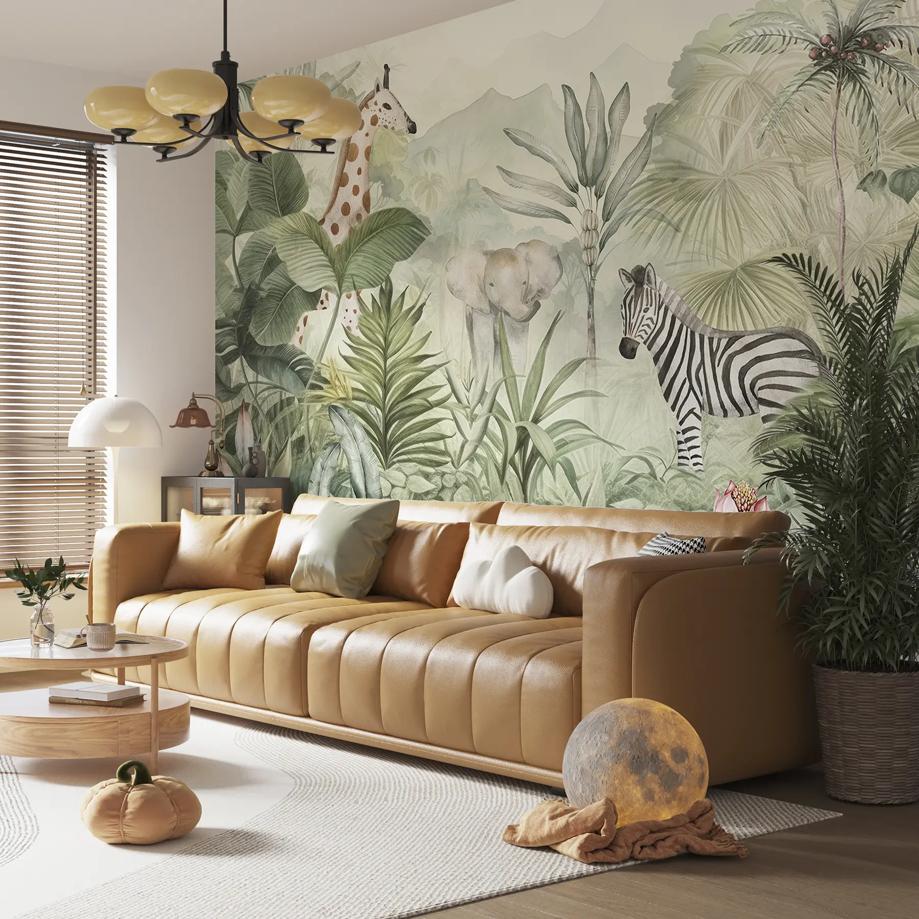 Fototapet Djungelskog, palmer, giraff, elefant, zebra, akvarell, grönska, bananträd, blommor w00089