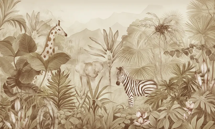 Fototapet Djungelskog, palmer, giraff, elefant, zebra, akvarell, beige färg, bananträd, blommor w00089v1