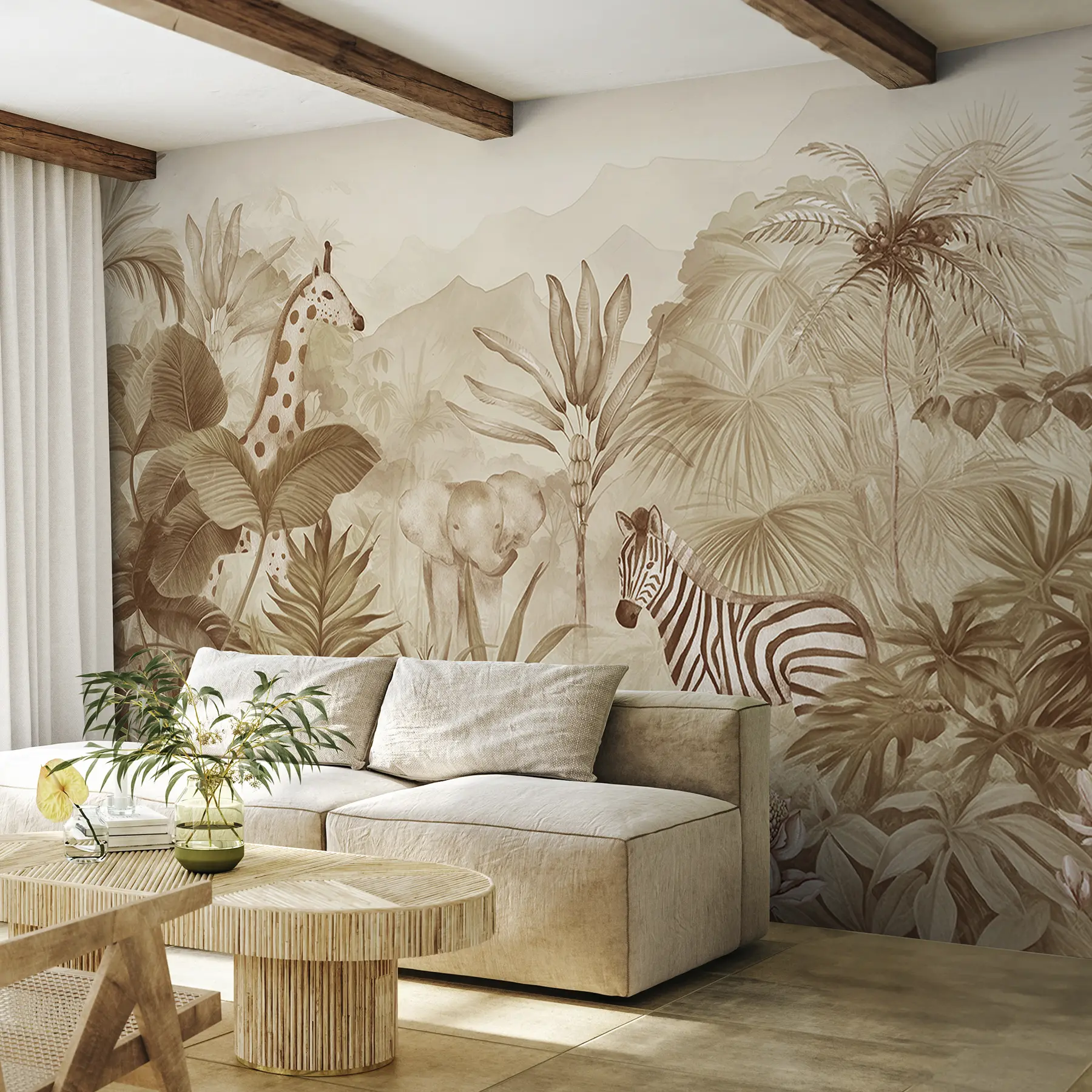 Fototapet Djungelskog, palmer, giraff, elefant, zebra, akvarell, beige färg, bananträd, blommor w00089v1