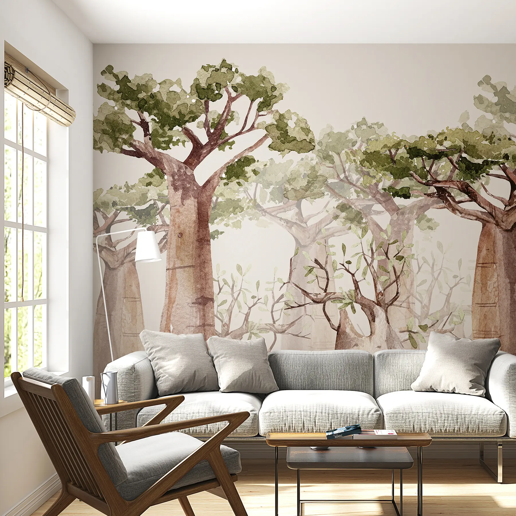 Fototapet Baobabträd, safari-tema, skog, beige och gröna färger w00082