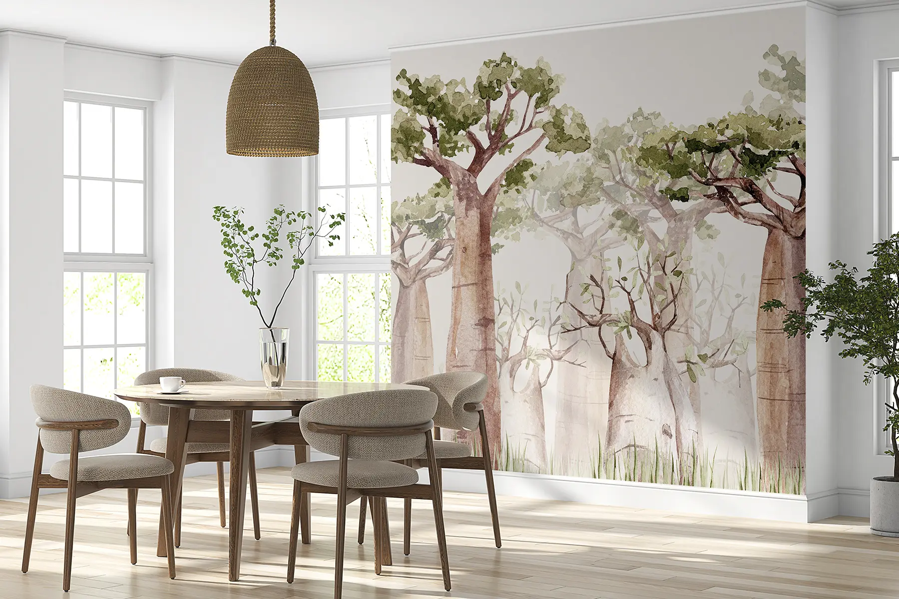 Fototapet Baobabträd, safari-tema, skog, beige och gröna färger w00082