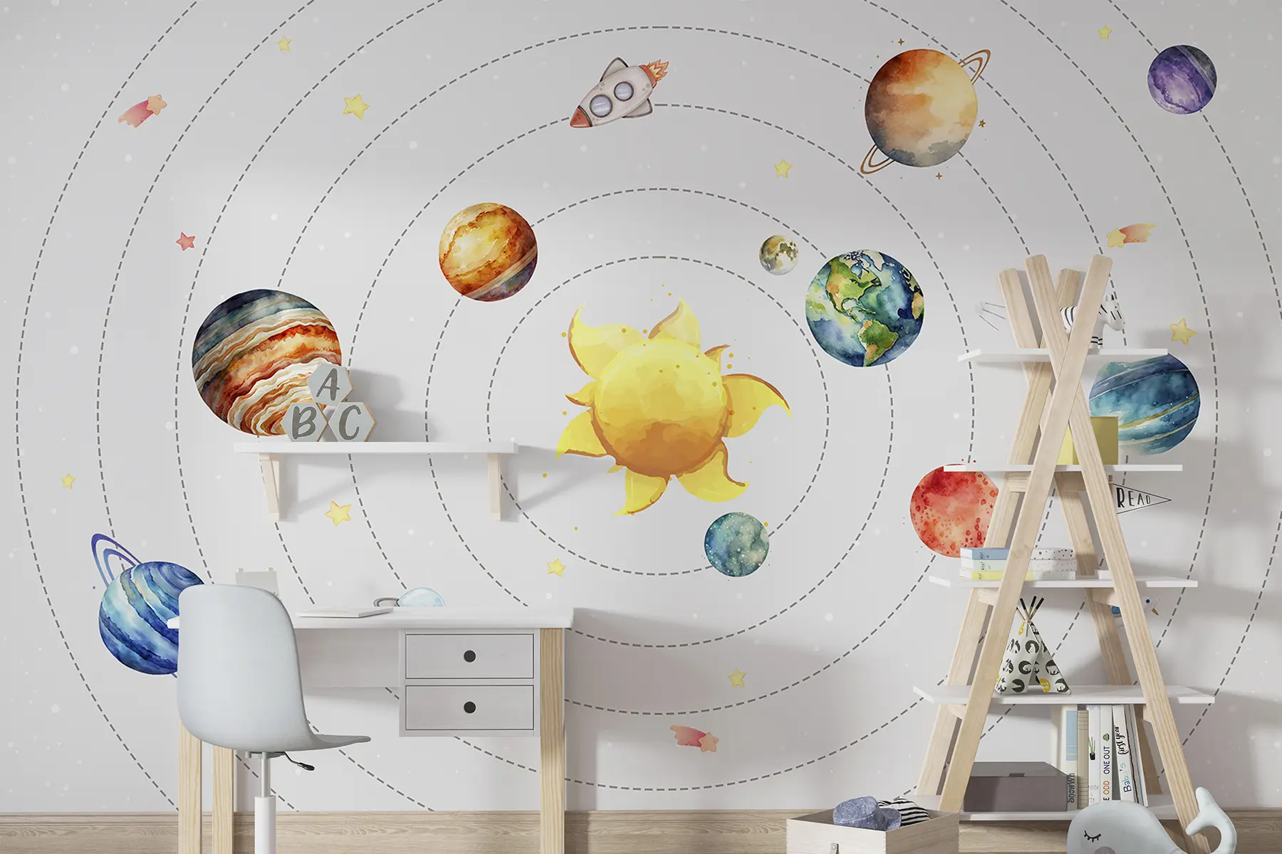 Fototapet Solsystem, planeter, sol, raket, ufo, satelit, stjärnor, vit bakgrund  w00214