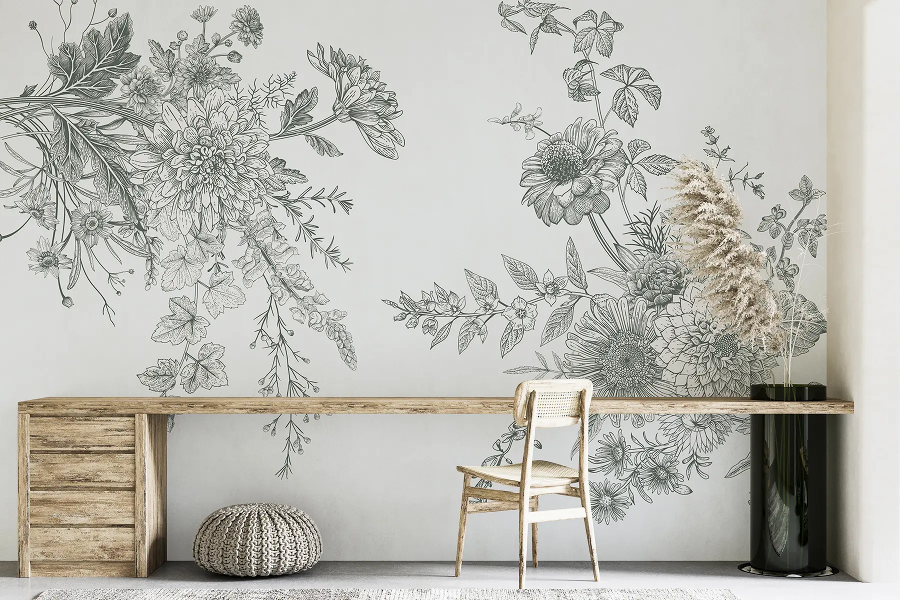 Fototapet Blomsterprydnad, minimalism, linjekonst, boho-stil, rustik, pion, prästkrage, blå färger, äng w00381v3