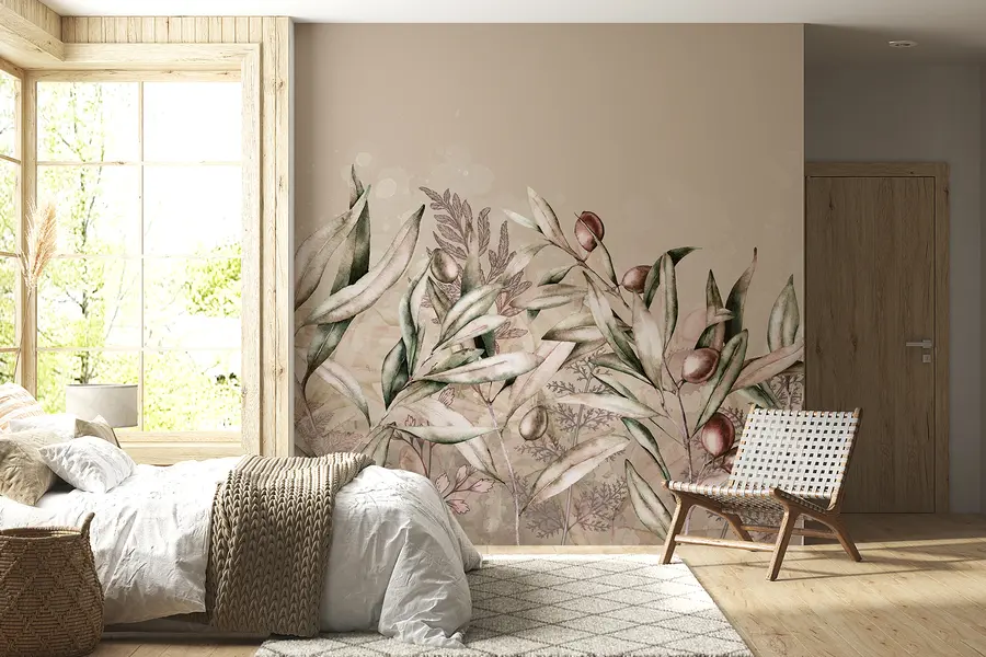 Fototapet Oliver illustration, blommönster, tropisk, akvarell, stora löv, beige färger w00407v1