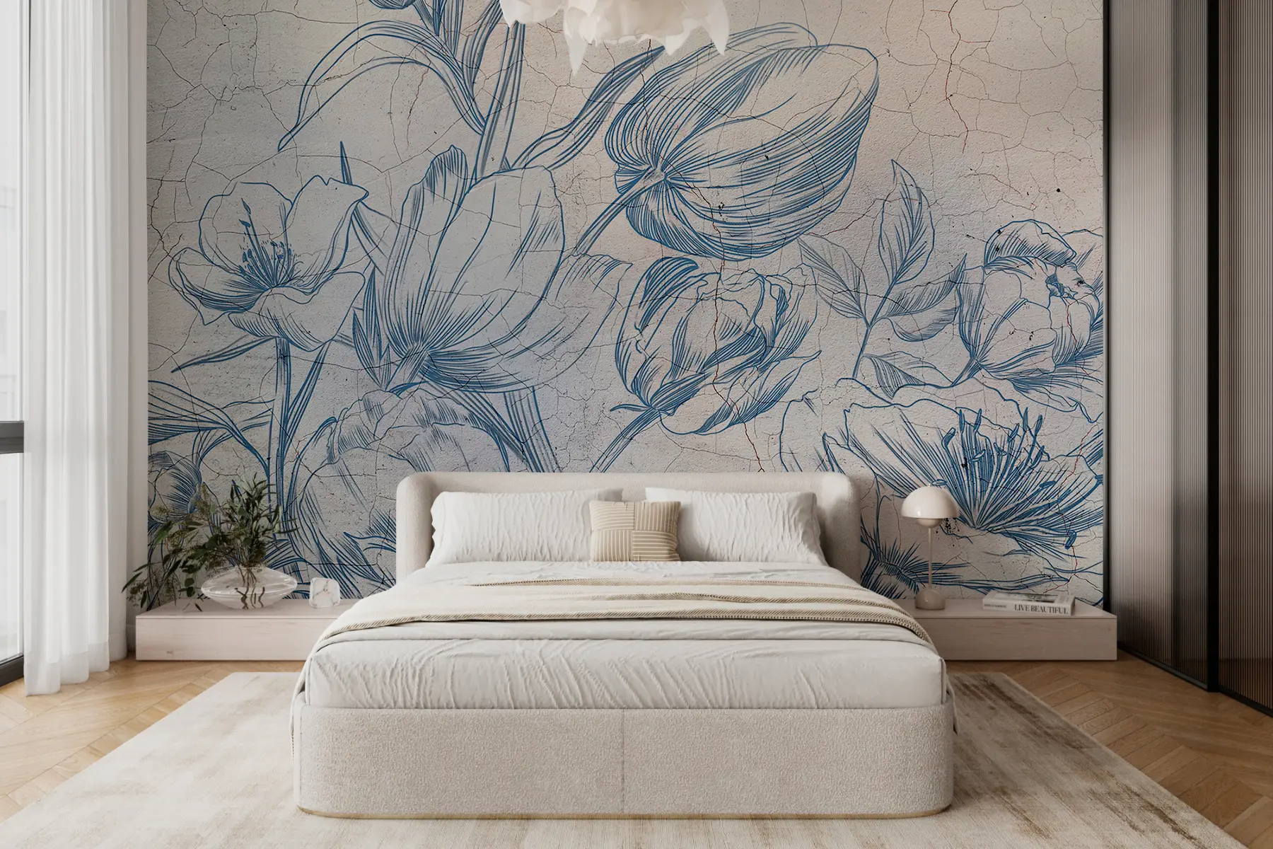 Fototapet Grafik blommor ritning på väggen loft w00391