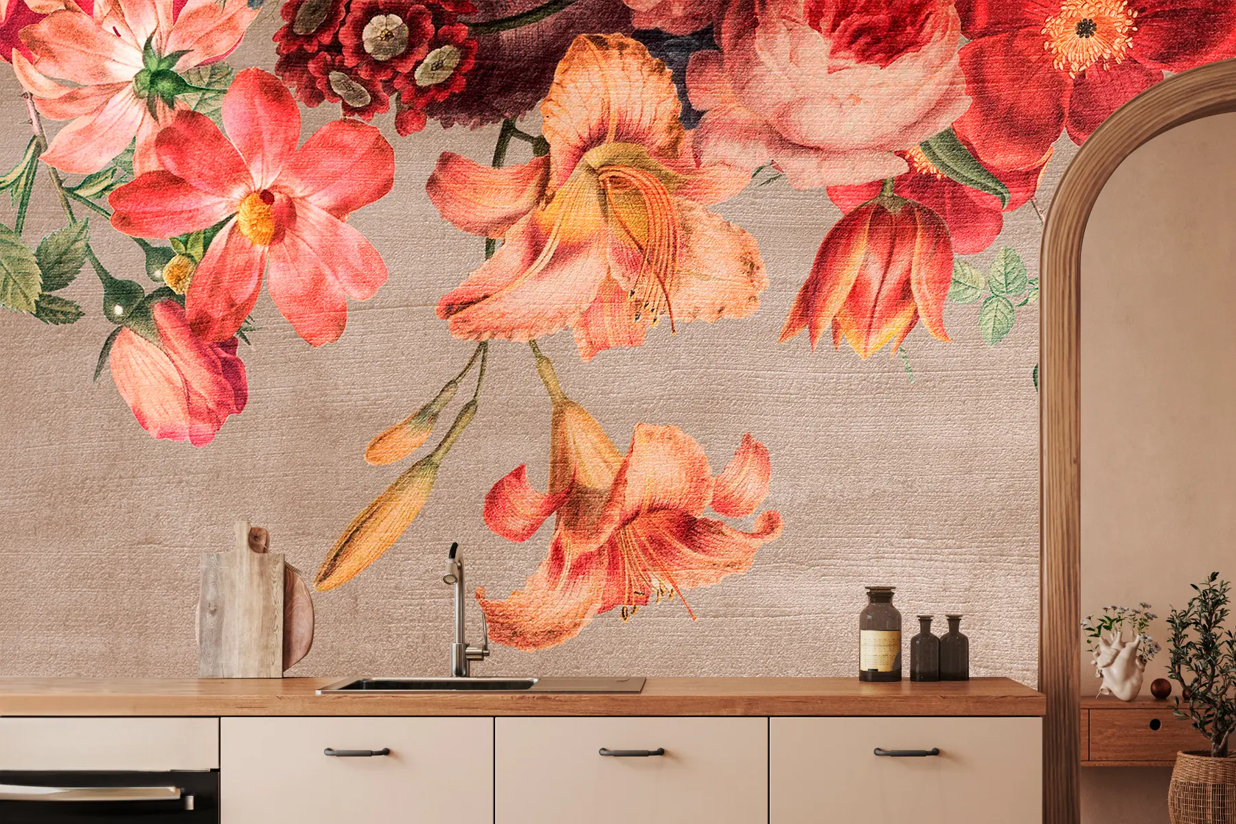 Fototapet Botanisk illustration bukett av blommor stilleben på brun bakgrund  w00427