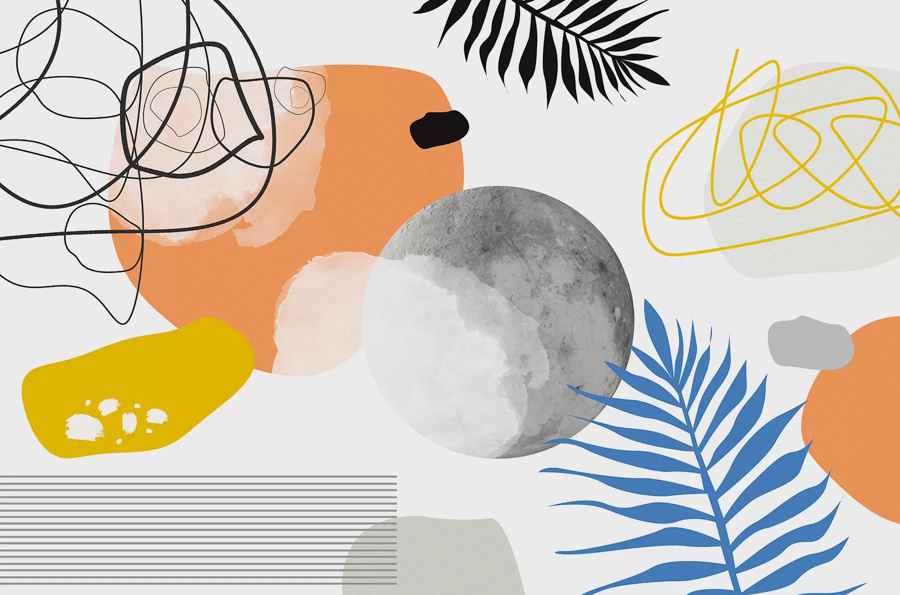 Fototapet Abstrakt modern, minimalism, boho, geometri, akvarellfläckar, fullmåne, palmbladssiluett, topografi, krånglighet, orange, gul, grå w00508