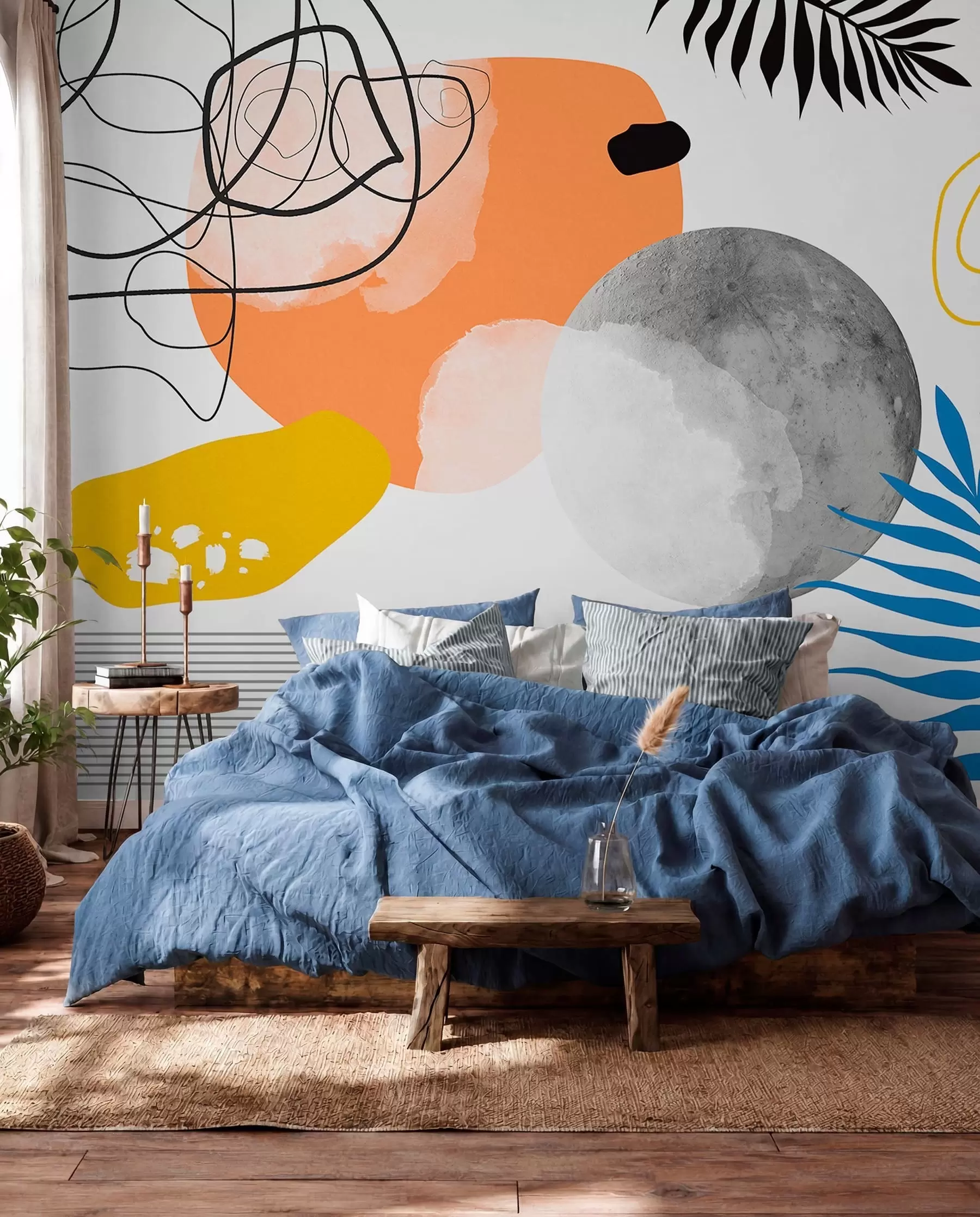 Fototapet Abstrakt modern, minimalism, boho, geometri, akvarellfläckar, fullmåne, palmbladssiluett, topografi, krånglighet, orange, gul, grå w00508