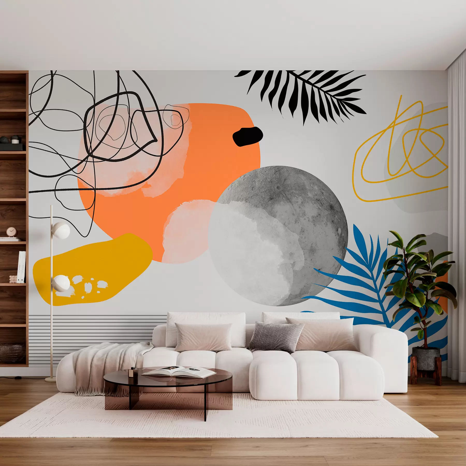 Fototapet Abstrakt modern, minimalism, boho, geometri, akvarellfläckar, fullmåne, palmbladssiluett, topografi, krånglighet, orange, gul, grå w00508