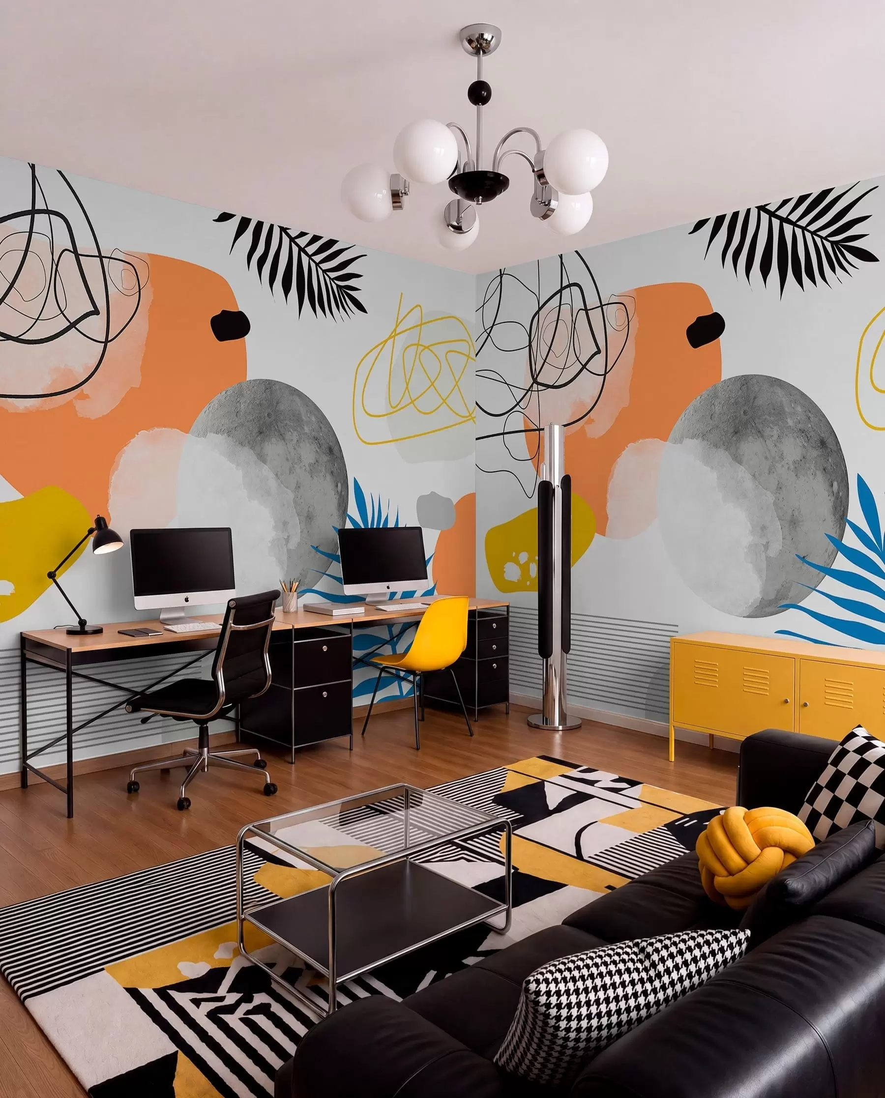 Fototapet Abstrakt modern, minimalism, boho, geometri, akvarellfläckar, fullmåne, palmbladssiluett, topografi, krånglighet, orange, gul, grå w00508