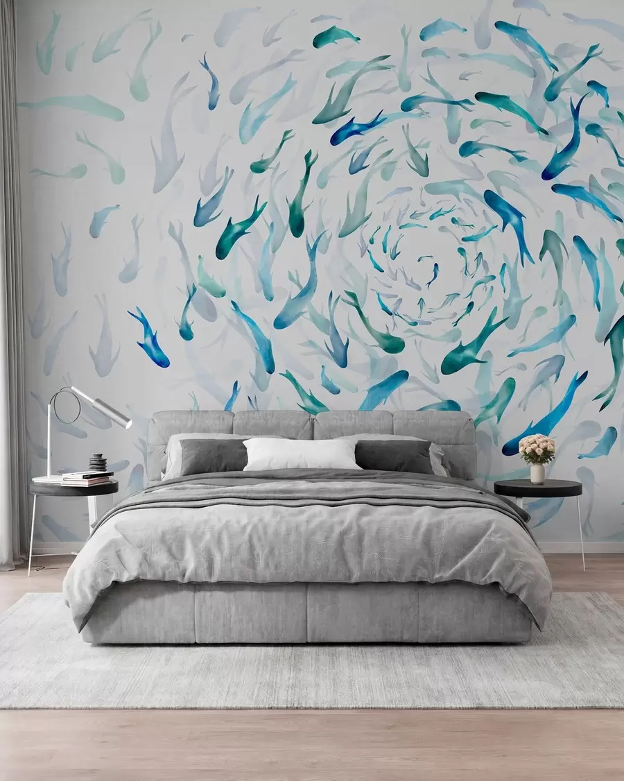 Fototapet Fisk som virvlar i en bubbelpool, fiskdans, akvarell, haj, abstrakt komposition, minimalism, blå, grön färg w00510