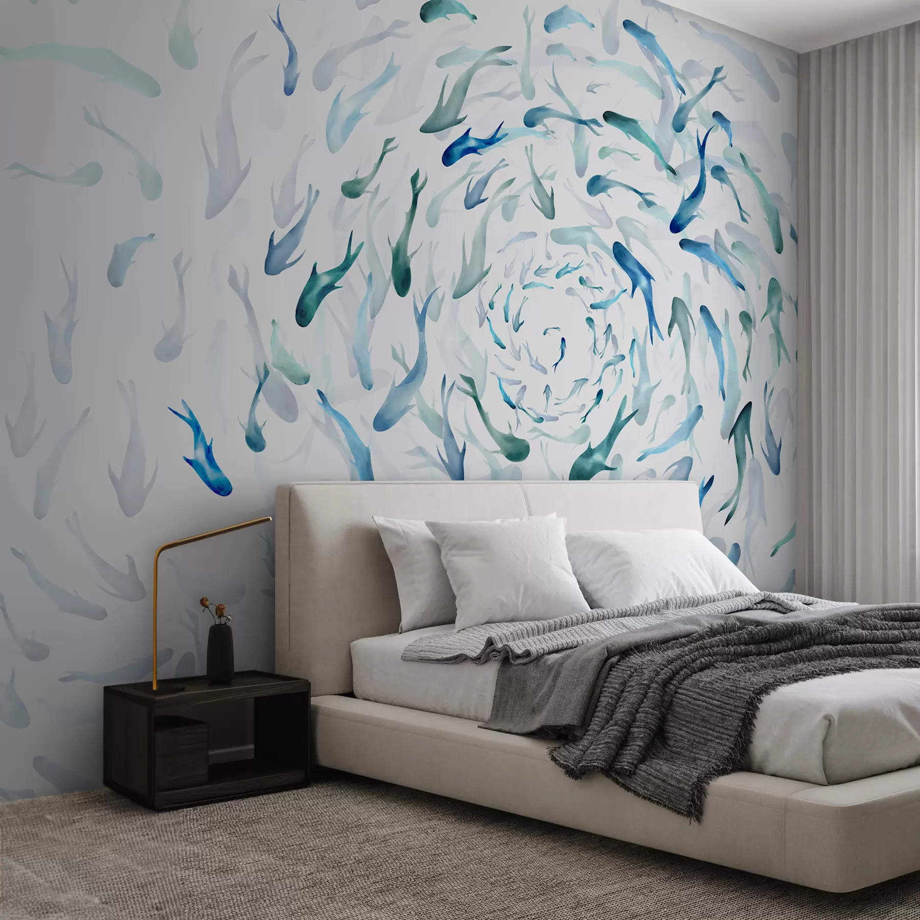 Fototapet Fisk som virvlar i en bubbelpool, fiskdans, akvarell, haj, abstrakt komposition, minimalism, blå, grön färg w00510