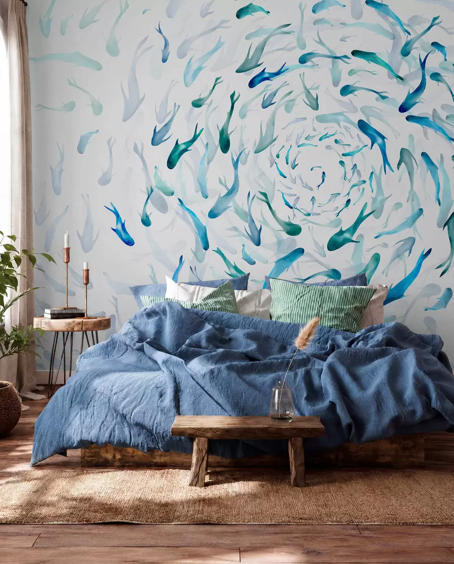 Fototapet Fisk som virvlar i en bubbelpool, fiskdans, akvarell, haj, abstrakt komposition, minimalism, blå, grön färg w00510