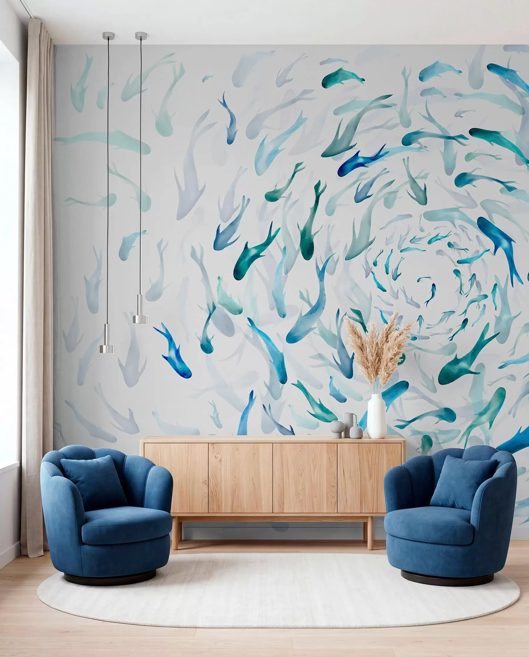 Fototapet Fisk som virvlar i en bubbelpool, fiskdans, akvarell, haj, abstrakt komposition, minimalism, blå, grön färg w00510