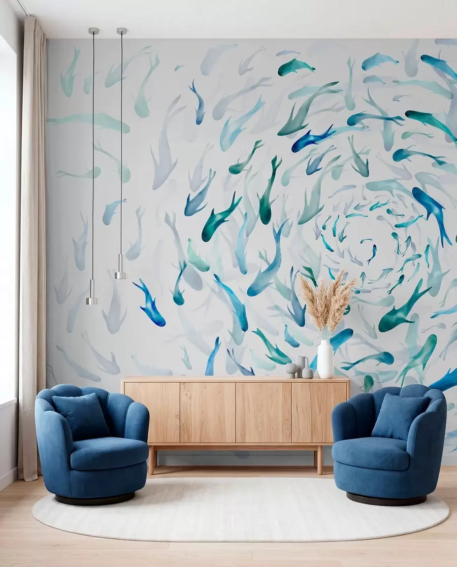 Fototapet Fisk som virvlar i en bubbelpool, fiskdans, akvarell, haj, abstrakt komposition, minimalism, blå, grön färg w00510