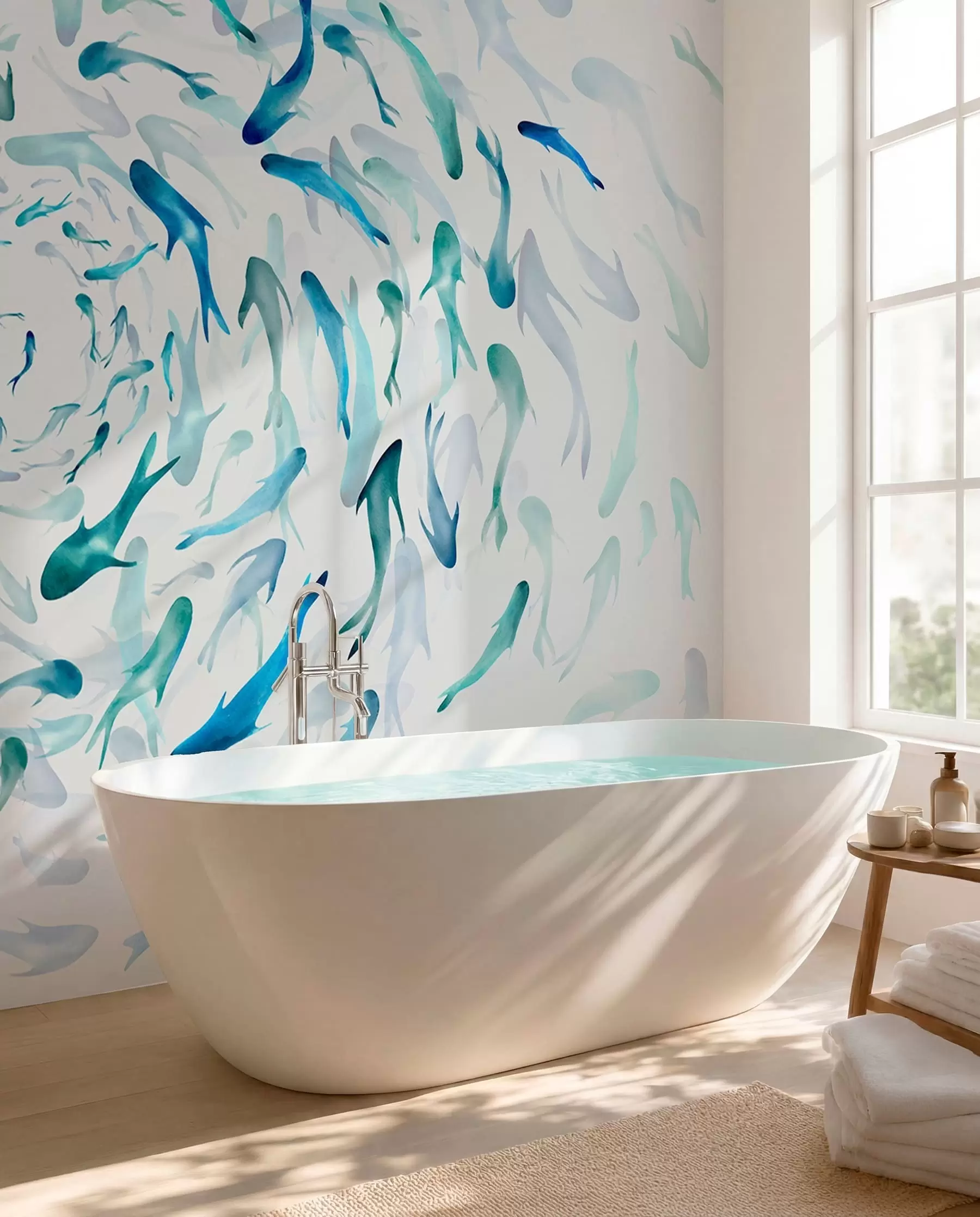 Fototapet Fisk som virvlar i en bubbelpool, fiskdans, akvarell, haj, abstrakt komposition, minimalism, blå, grön färg w00510