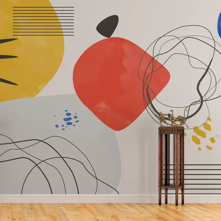 Fototapet Abstraktion modern, ljuspunkt, boho, geometri, topografi, kurvor, linjer, röd, gul, blå, svart w00514