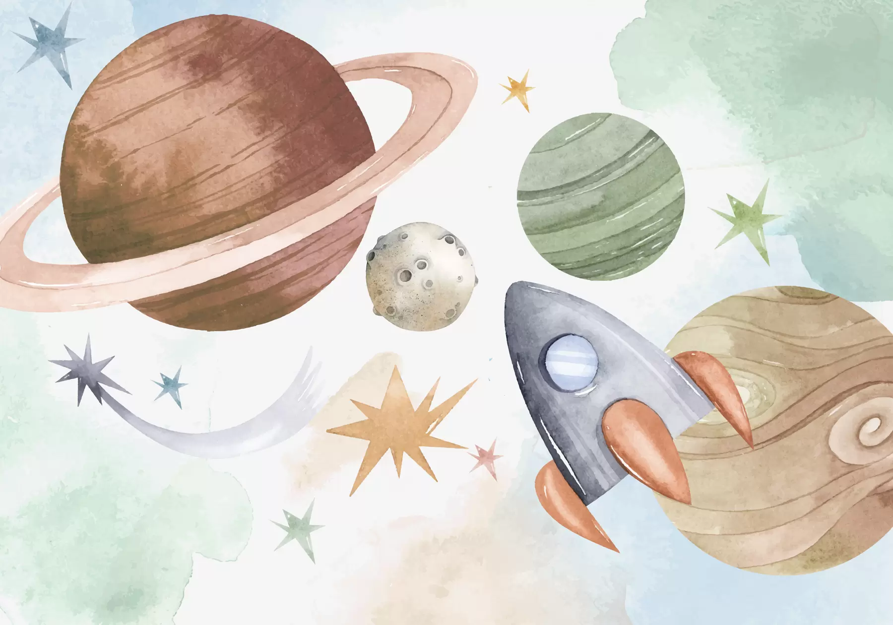 Fototapet En färgstark illustration som visar olika planeter och rymdvattenfärg w00539