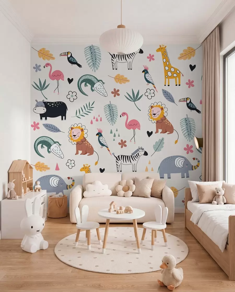 Fototapet djur, lejon, giraffer, elefanter, löv, babyrum w00555