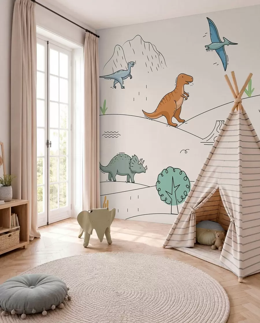 Fototapet Färgglada dinosaurier på kullarna w00637