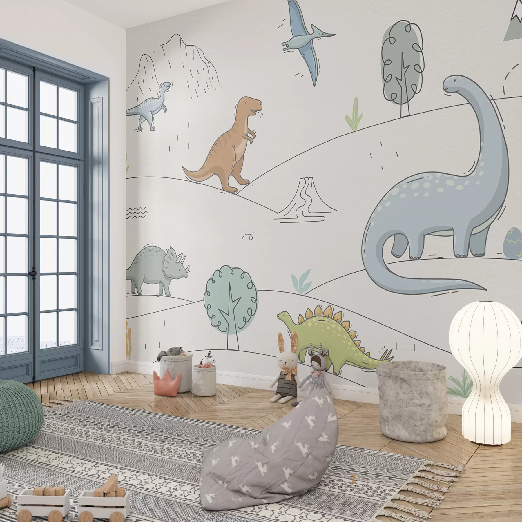 Fototapet Färgglada dinosaurier på kullarna w00637