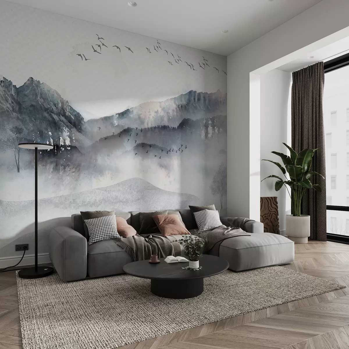 Fototapet Landskap med berg i bakgrunden, med några träd synliga i förgrunden lugnt  w00707