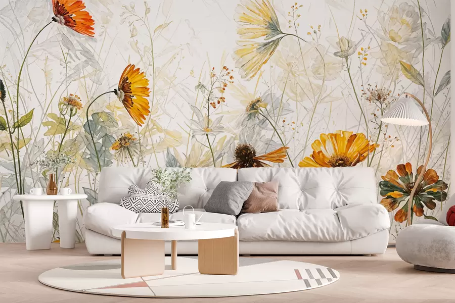 Fototapet Ett fält av livfulla blommor mot en mjuk, disig bakgrund med fina vita blommor och stråigt gräs w00708