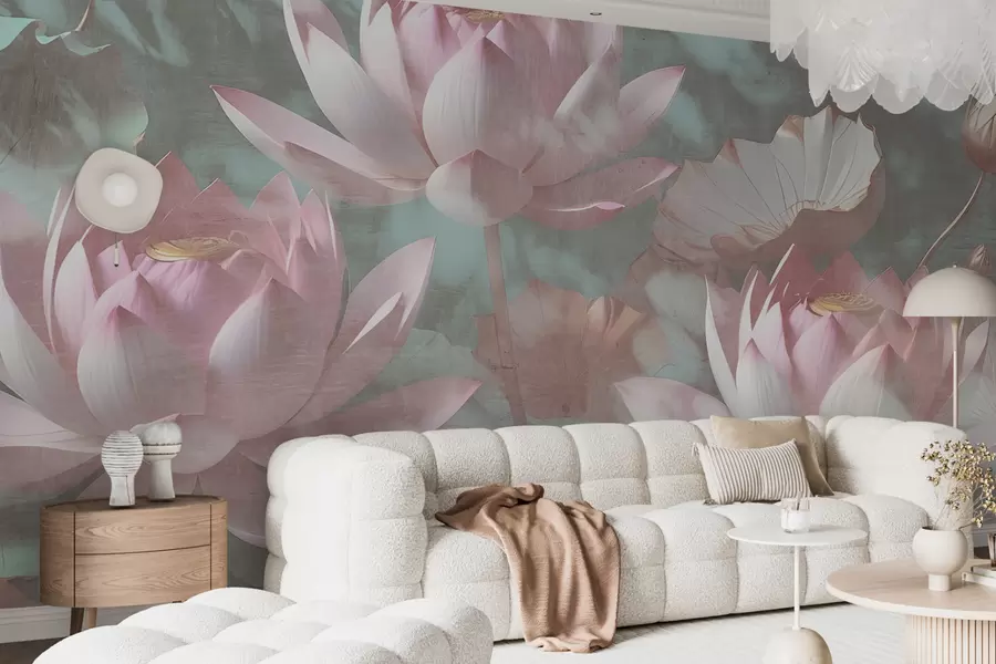 Fototapet En närbild av flera känsliga rosa lotusblommor mot en mjuk, suddig bakgrund w00710