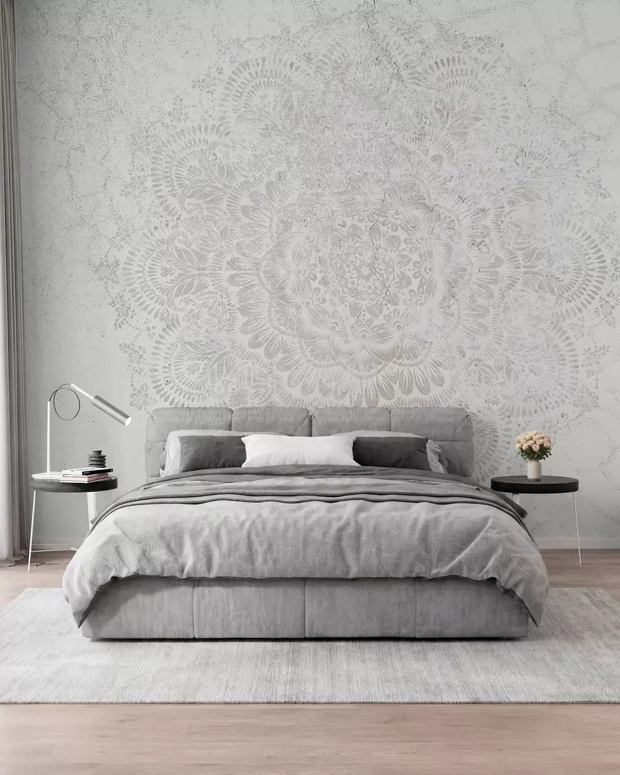 Fototapet Mandala, vitt spetsmönster med blom- och cirkulära motiv, skapar en delikat och intrikat design w00737