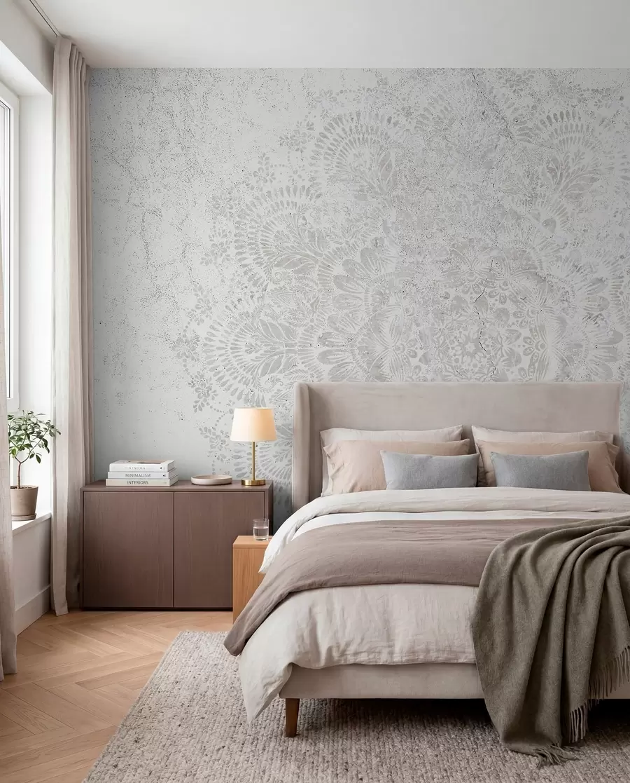 Fototapet Mandala, vitt spetsmönster med blom- och cirkulära motiv, skapar en delikat och intrikat design w00737