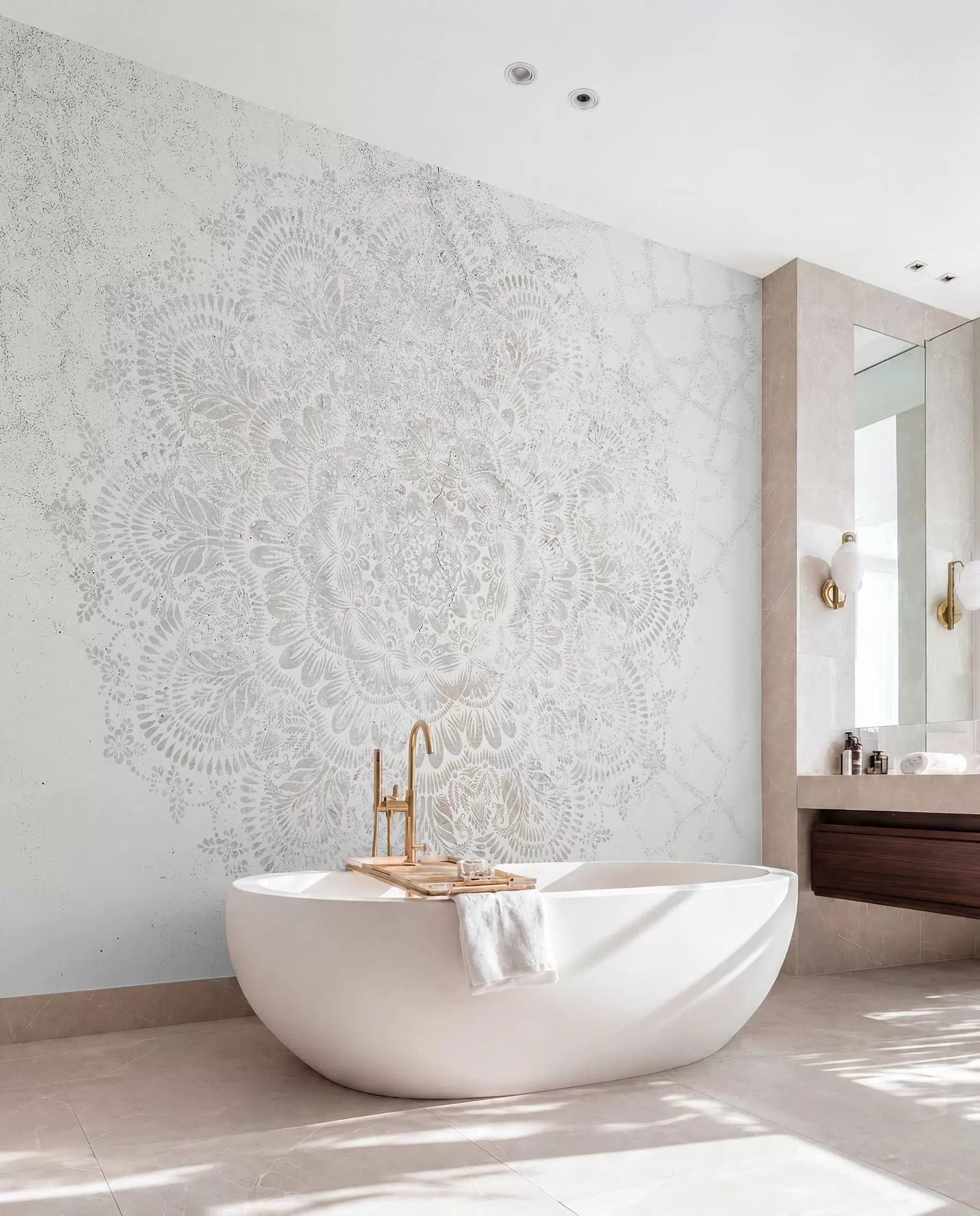 Fototapet Mandala, vitt spetsmönster med blom- och cirkulära motiv, skapar en delikat och intrikat design w00737